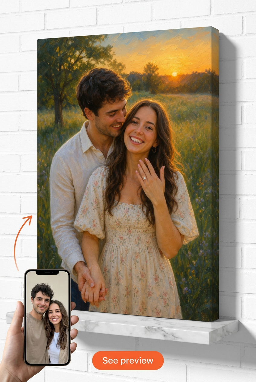 Custom Wedding Couple Portrait — Romantic Sunset Canvas from Photo