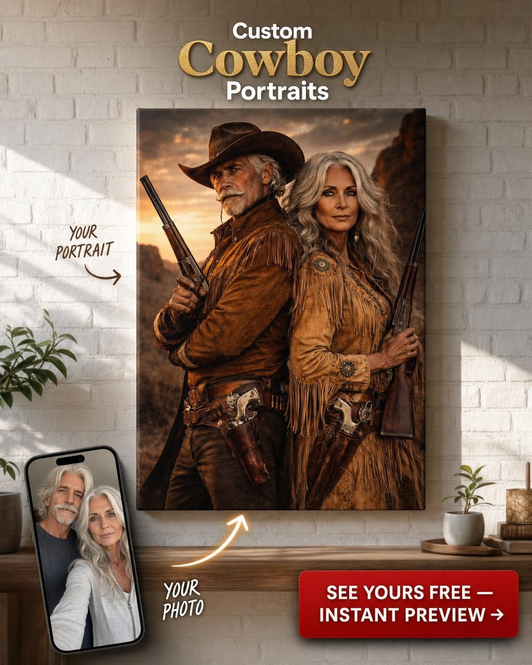 Custom Cowboy Couple Portrait — Heroic Western Canvas