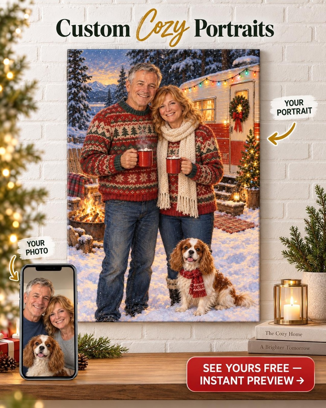 Christmas at the Campground Custom Portrait from Photo | Personalized Camping Portrait Gift