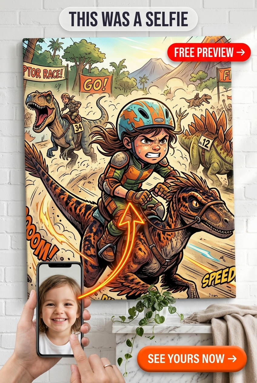 Custom Cartoon Girl Portrait — Dinosaur Skateboard Adventure Canvas