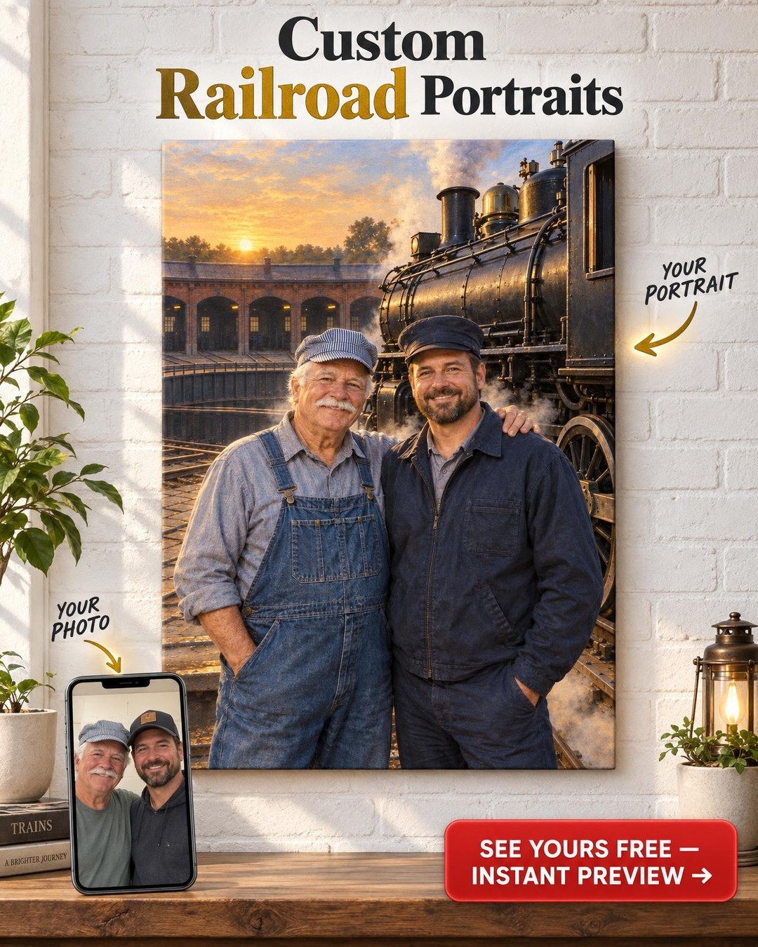 Like Father Like Son Railroad Custom Portrait from Photo | Personalized Railroad Portrait Gift