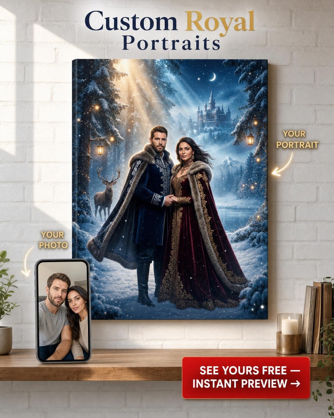 Custom Fantasy Couple Portrait — Regal Castle Canvas from Photo