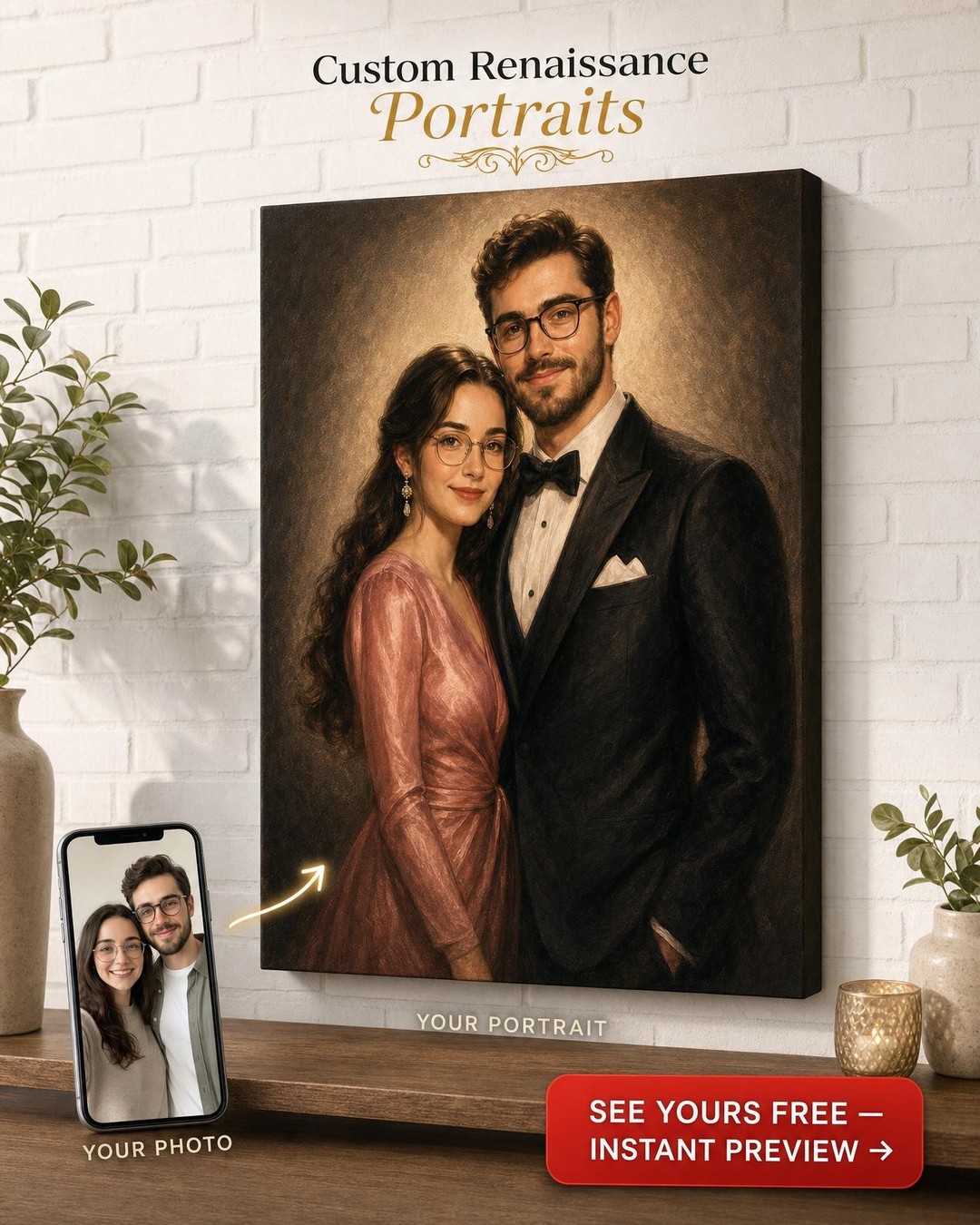 Custom 1940s Hollywood Movie Premiere Couple Portrait from Photo | Personalized Canvas Gift