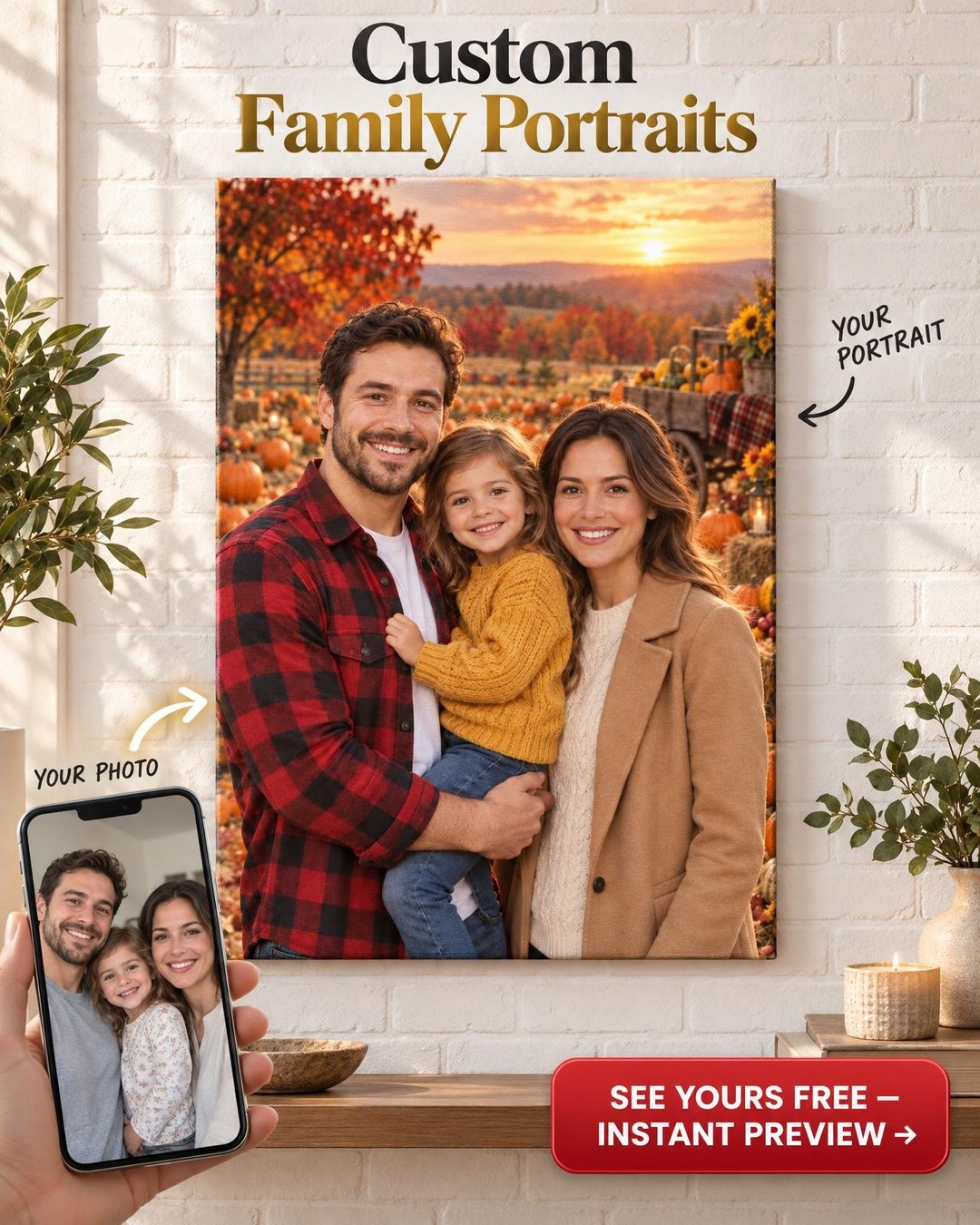 Custom Fall Family Portrait — Pumpkin Patch Canvas from Photo (Family of 3)