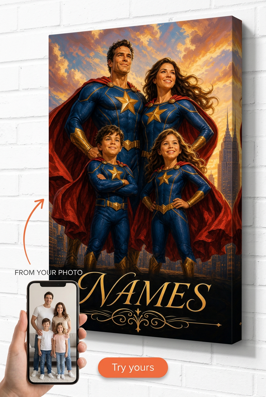 Custom Superhero Family Portrait — Heroic City Skyline Canvas