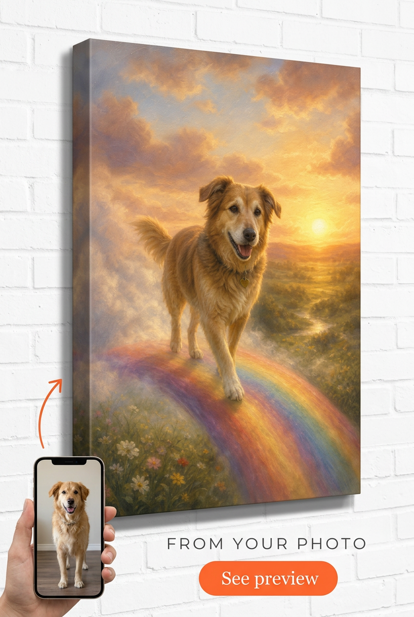 Custom Pet Memorial Portrait — Rainbow Bridge Dog Canvas