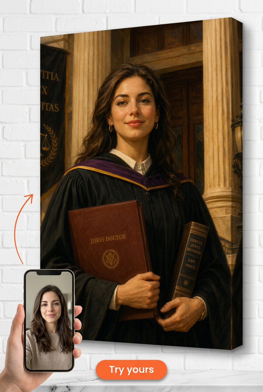 Custom Graduation Woman Portrait — Heroic Law School Canvas from Photo