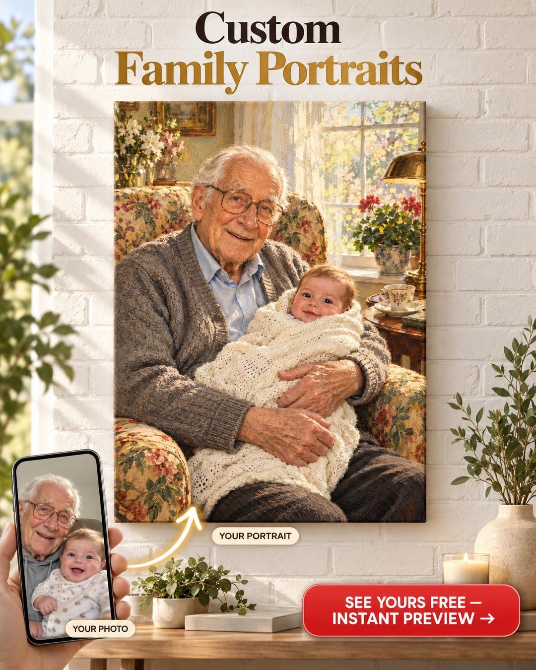 Great-Grandparent Holding Baby Custom Portrait from Photo | Personalized Generations Portrait Gift