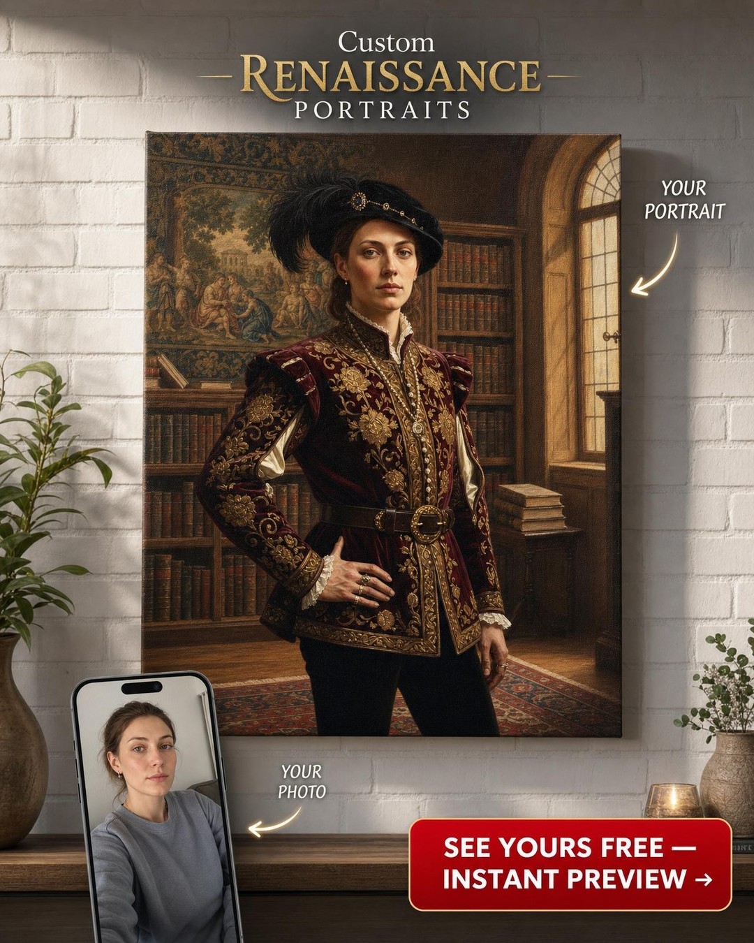 Custom Royal Woman Portrait — Regal Canvas from Photo