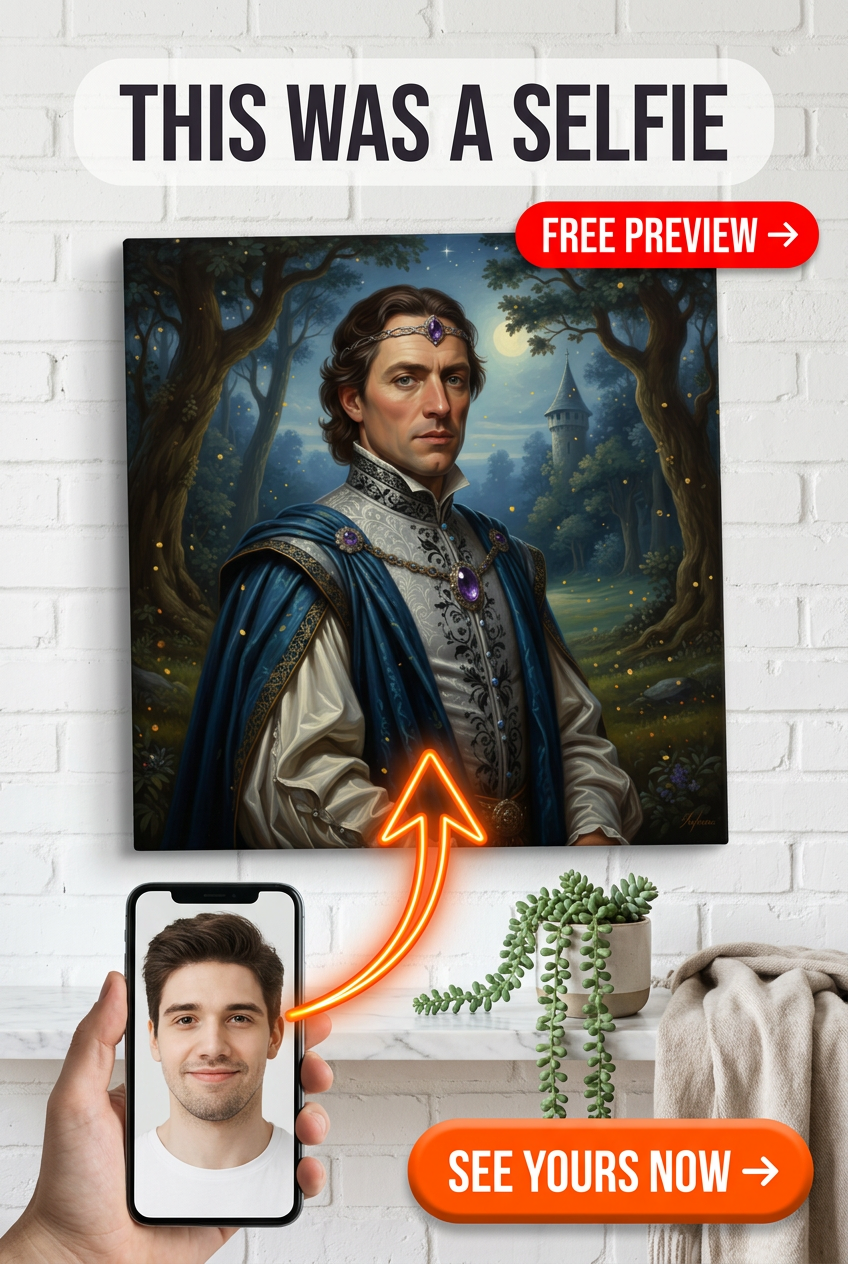 Custom Fantasy Man Portrait — Regal Crown & Castle Canvas