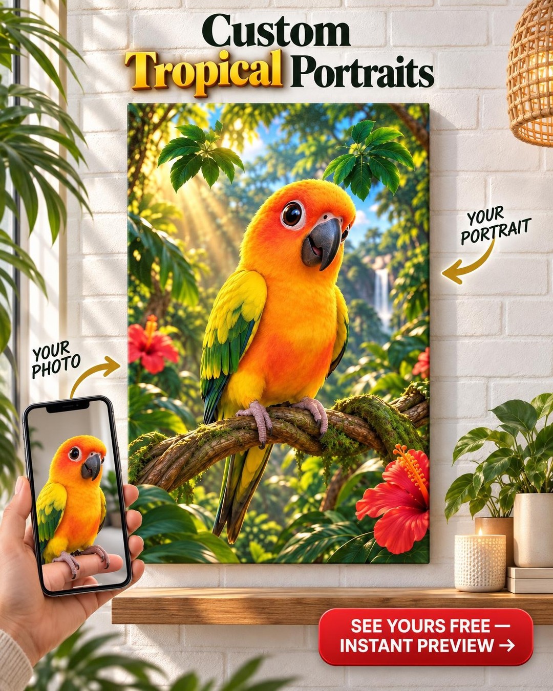 Custom Pixar-Style 3D Sun Conure Portrait from Photo | Personalized Bird Portrait Gift