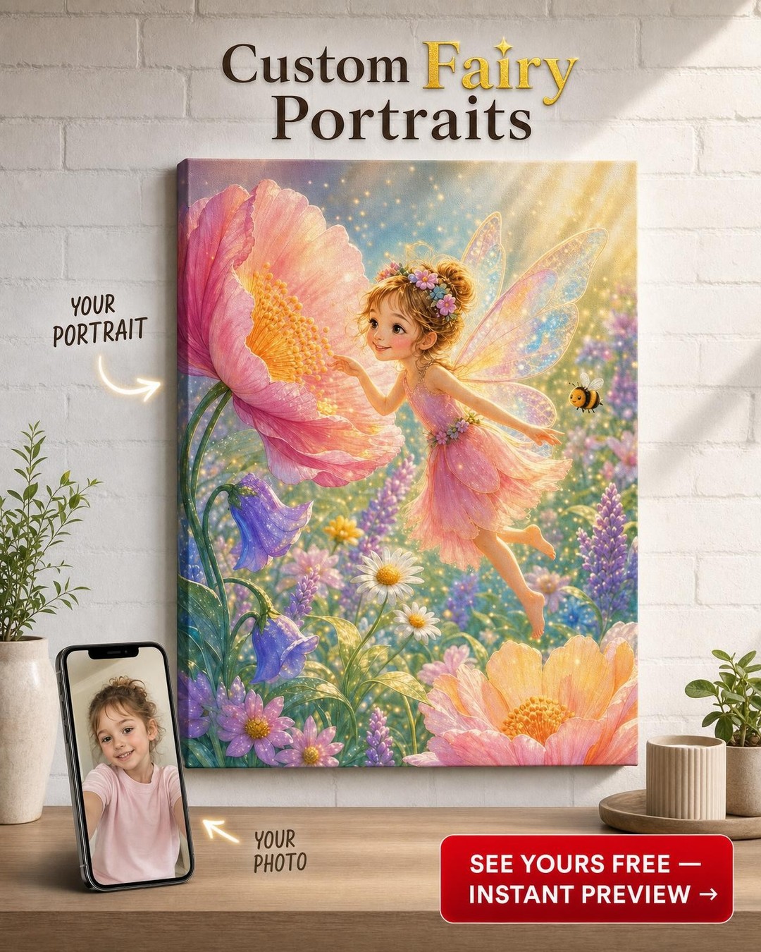Flower Fairy Custom Portrait from Photo | Personalized Canvas Gift