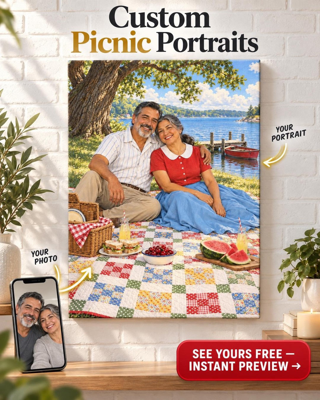 Picnic on Her Quilt Custom Portrait from Photo | Personalized Quilting Portrait Gift