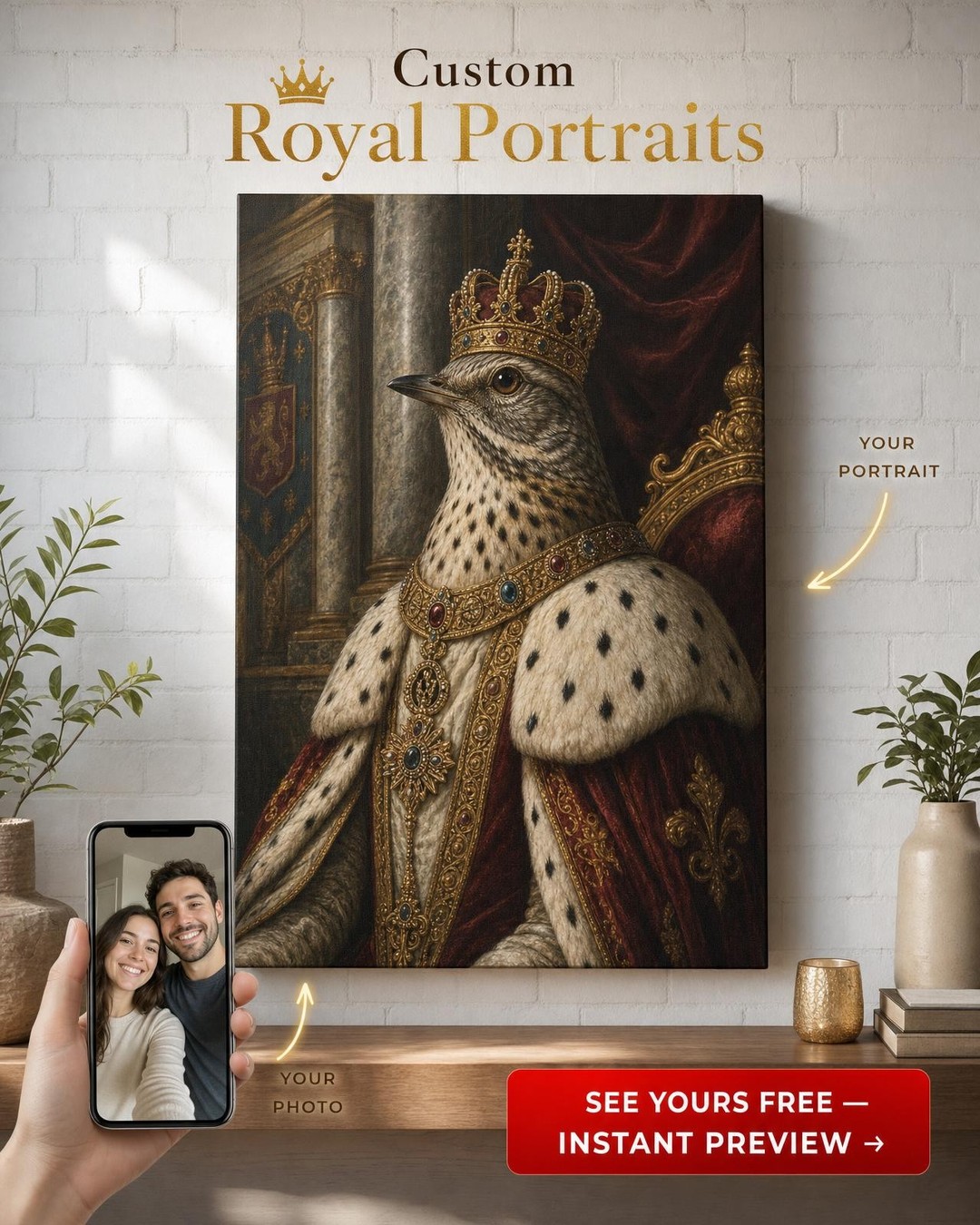 Custom Royal Cat Portrait — Regal Pet Canvas from Photo