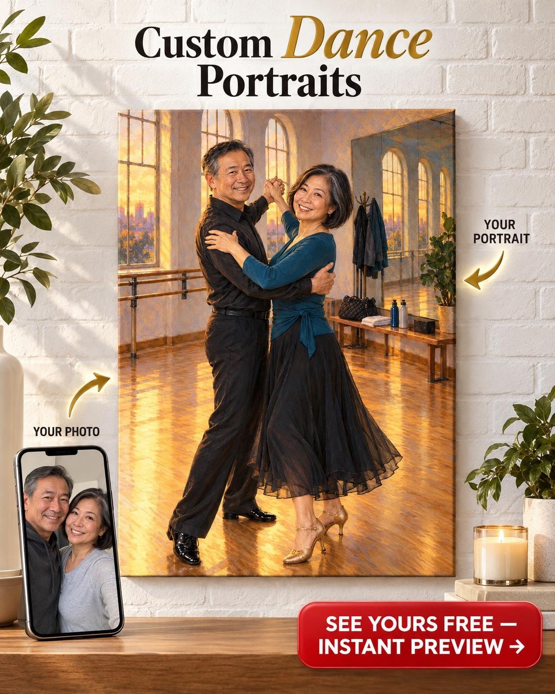 Practice Studio Couple Custom Portrait from Photo | Personalized Ballroom Dance Gift