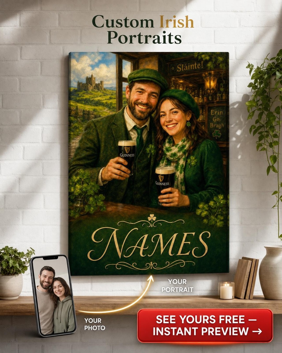 Custom Cultural Couple Portrait — Festive St. Patrick's Day Canvas