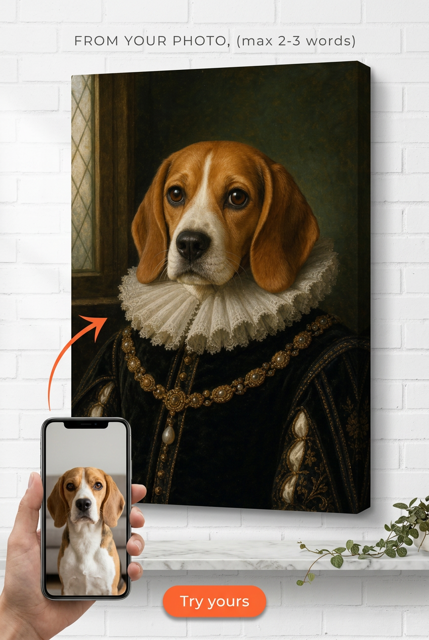 Custom Renaissance Dog Portrait — Regal Beagle Canvas from Photo