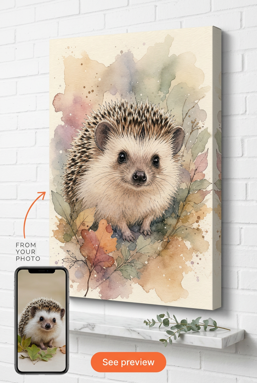 Custom Watercolor Cat Portrait — Whimsical Hedgehog & Leaves Canvas