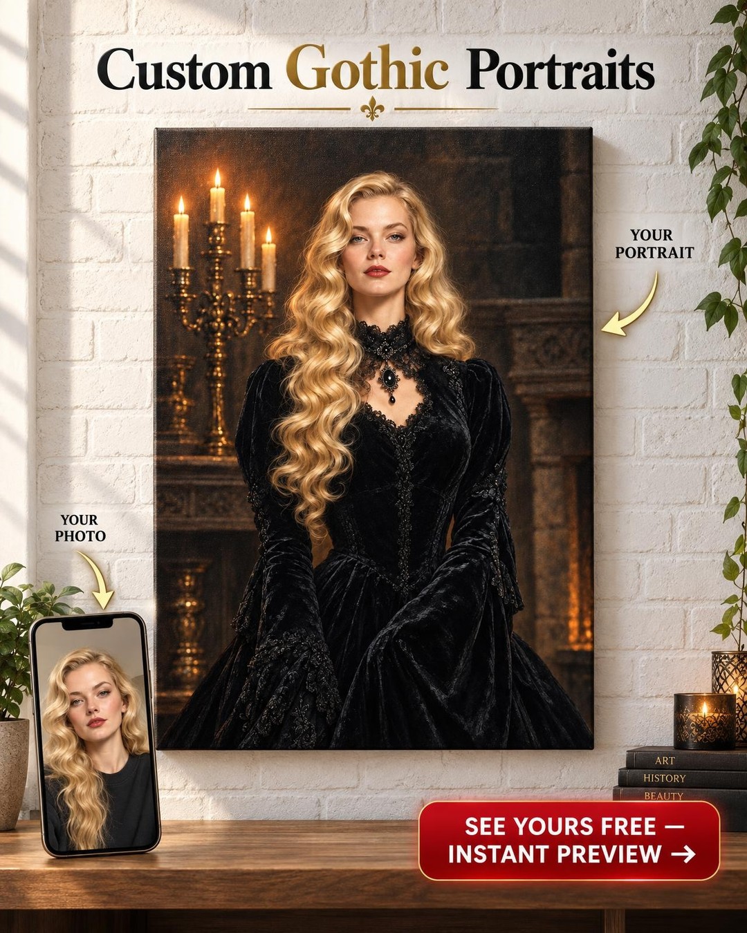 Fireside Candelabra Witch Custom Portrait from Photo | Personalized For Her Gift