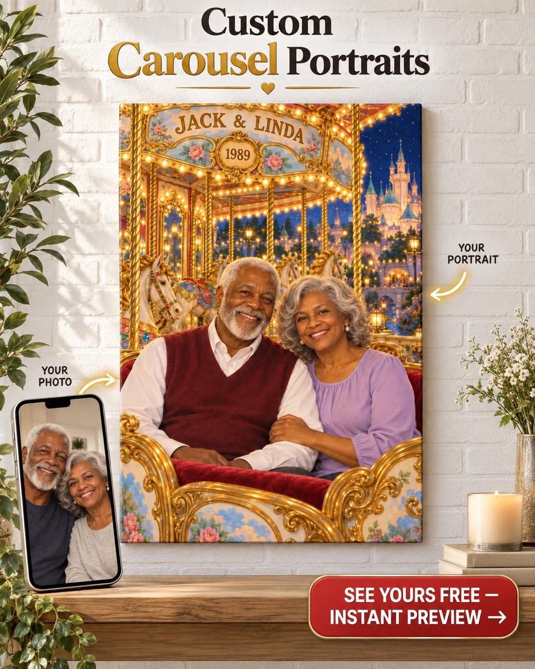 Carousel Night Couple Custom Portrait from Photo | Personalized Fairytale Park Gift