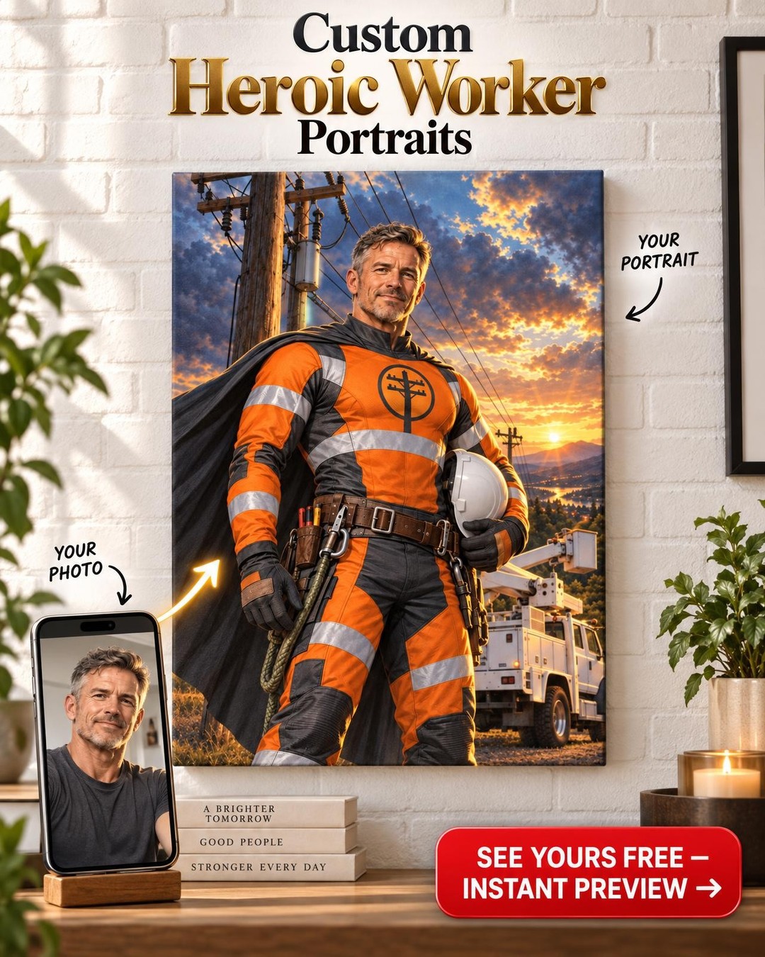Super Lineman Custom Portrait from Photo | Personalized Superhero Portrait Gift