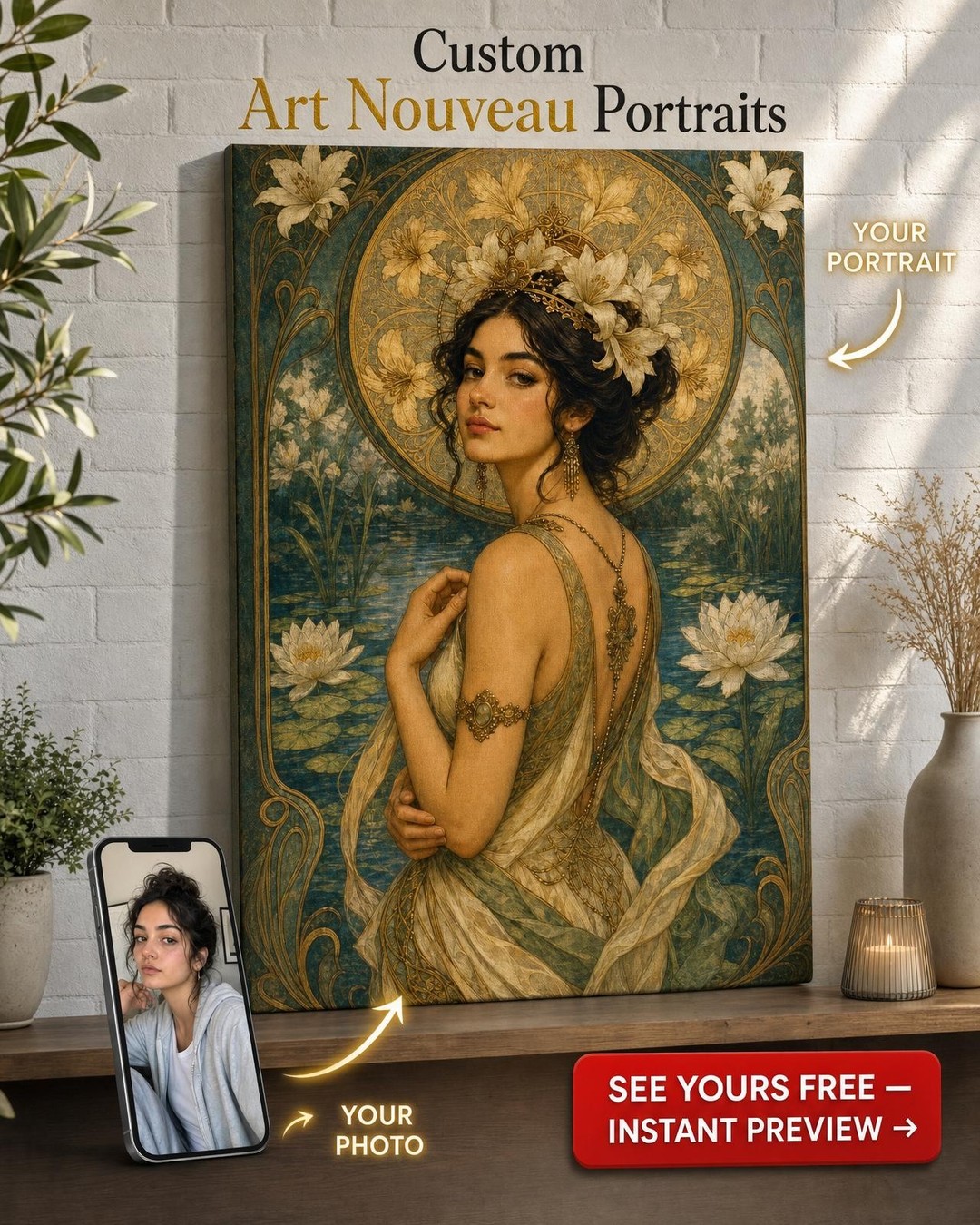 Elegant Lily Water Garden Portrait — Art Nouveau Canvas Art
