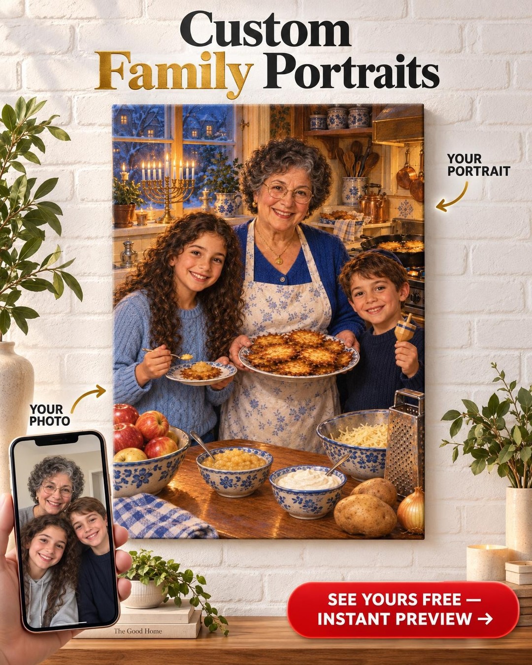 Hanukkah Latkes with Bubbe Custom Portrait from Photo | Personalized Grandma Kitchen Gift