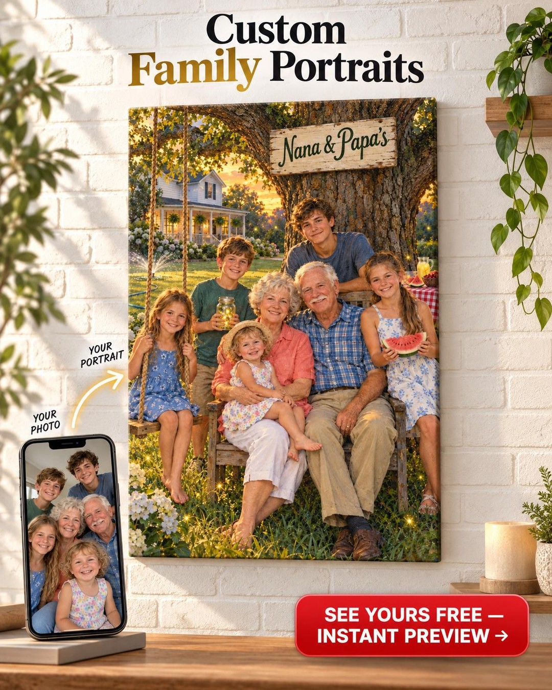 Summer at Nana and Papa's Custom Portrait from Photo | Personalized Grandkids Portrait Gift