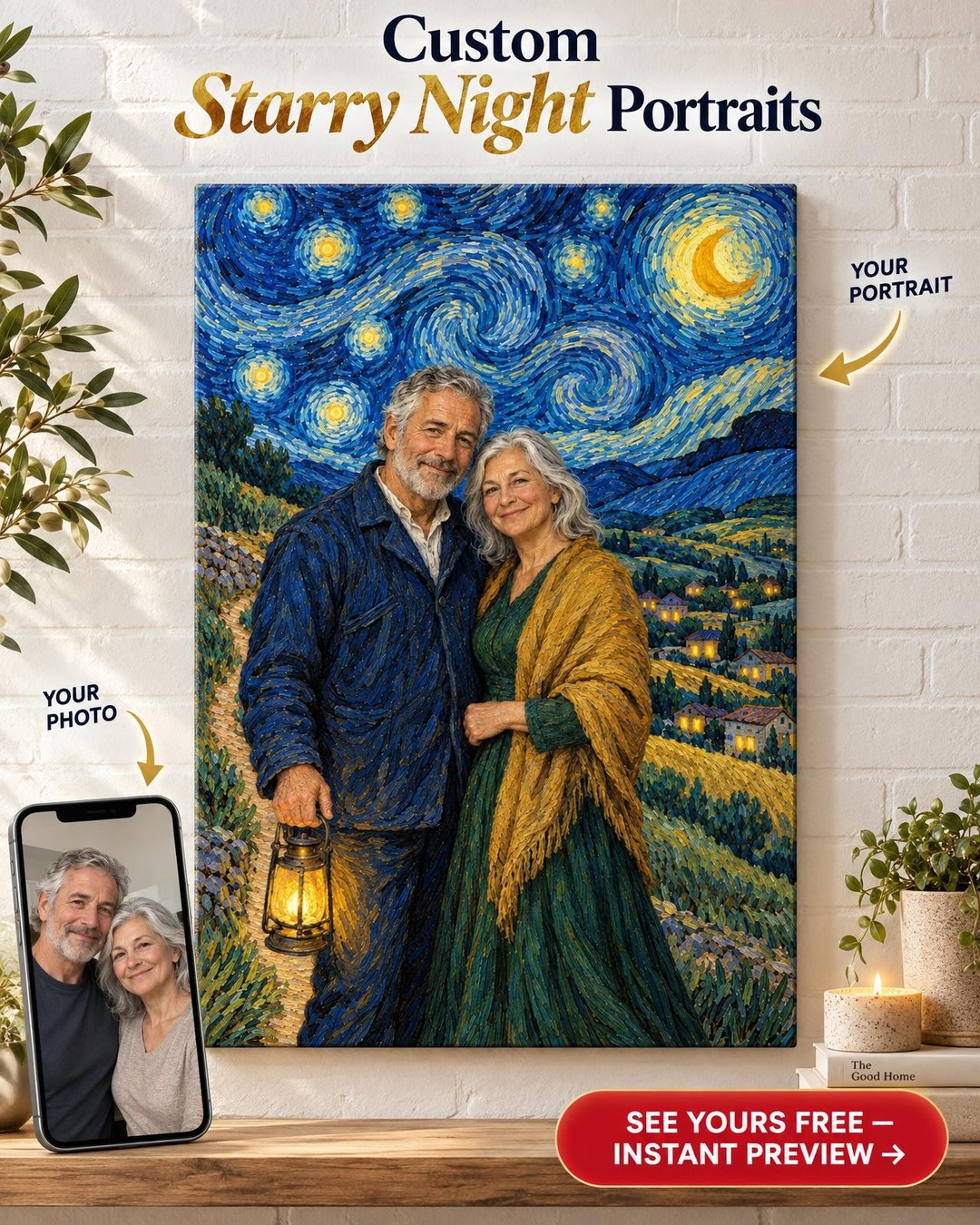 Starry Night Couple Custom Portrait from Photo | Personalized Masterpiece Portrait Gift