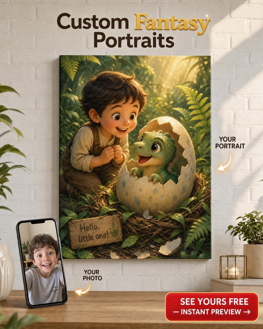 Baby Dino Hatchling Custom Portrait from Photo | Personalized Canvas Gift