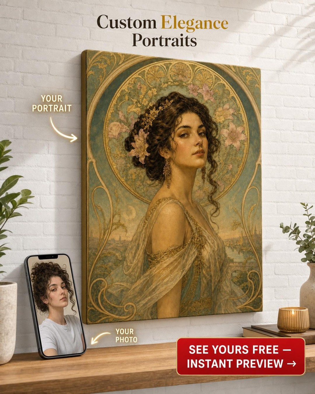 Ornamental Archway Art Nouveau Custom Portrait from Photo | Personalized Canvas Gift