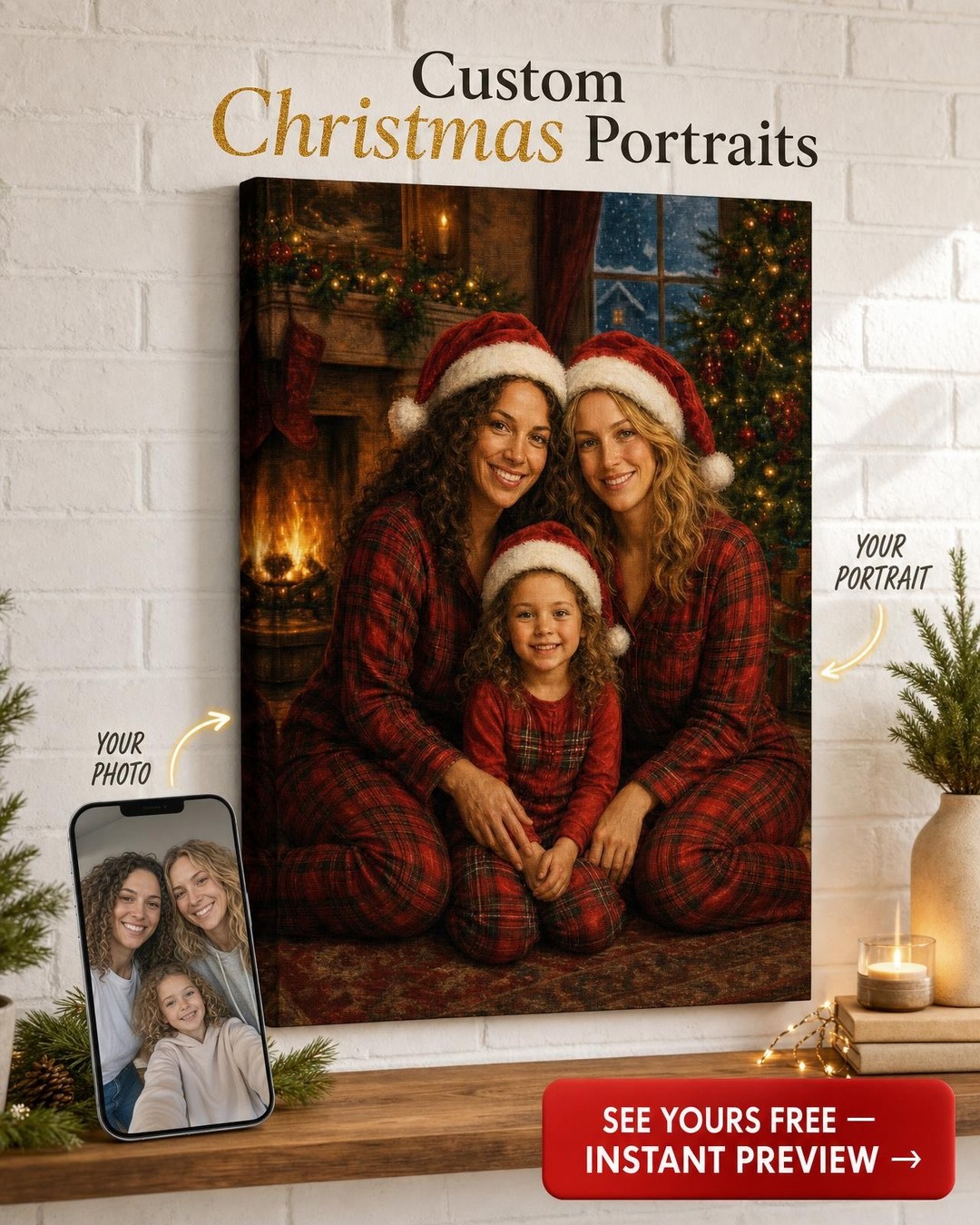 Custom Christmas Family Portrait — Festive Fireplace Canvas from Photo