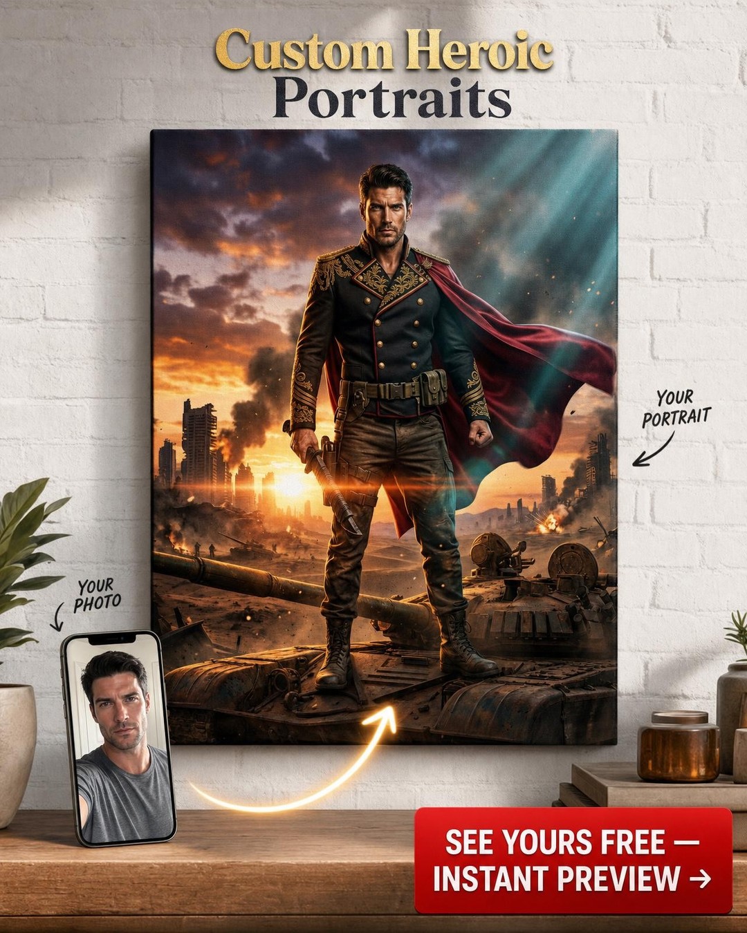 Custom Military Man Portrait — Heroic Cityscape Canvas from Photo