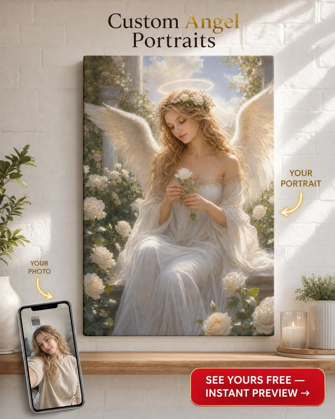 Custom Rose Angel Portrait – Unique Canvas Gift