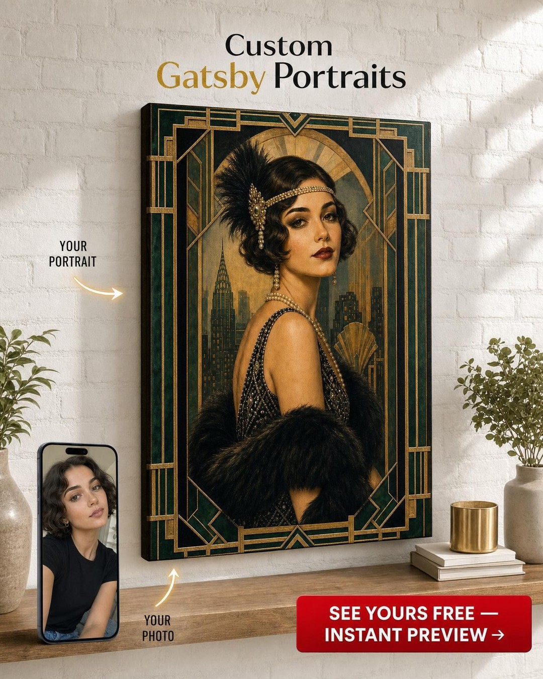 Emerald & Gold Art Deco Custom Portrait from Photo | Personalized Canvas Gift
