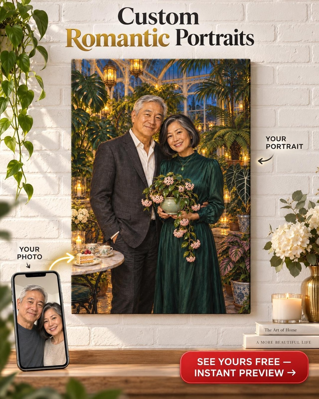 Conservatory Anniversary Couple Custom Portrait from Photo | Personalized Houseplants Gift