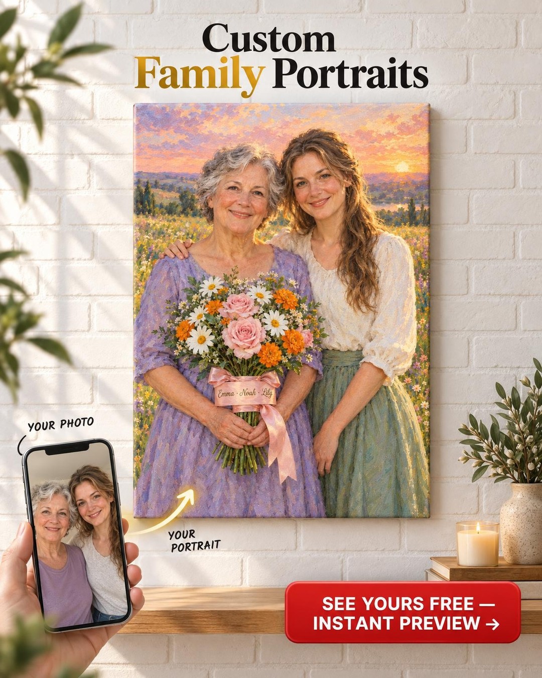 Mother and Daughter Birth Flower Custom Portrait from Photos | Personalized Gift for Mom