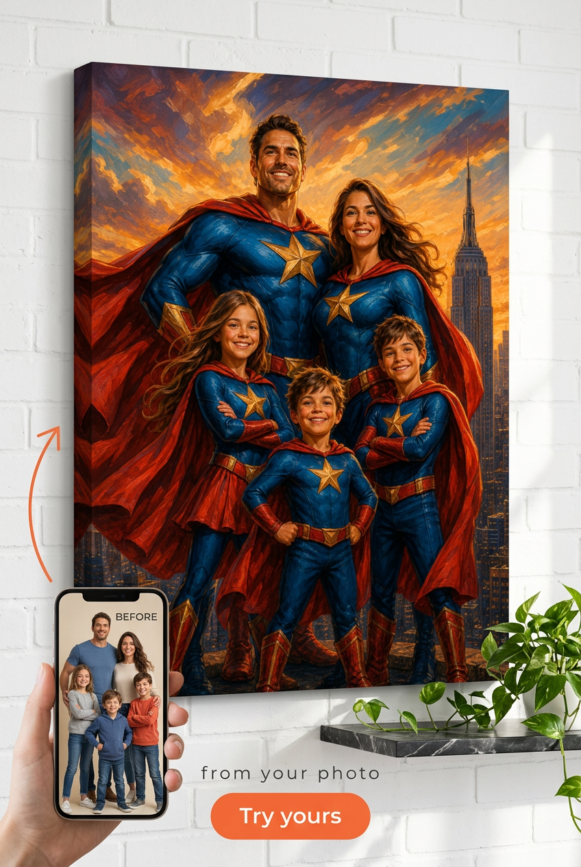 Superhero Family Portrait Custom Portrait from Photo | Personalized Gift