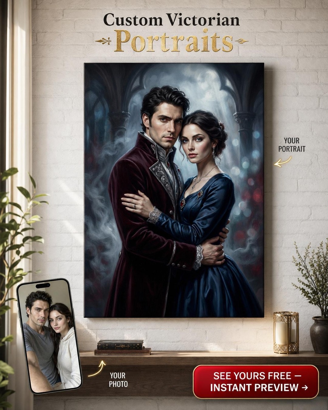 Custom Gothic Couple Portrait — Romantic Vampire Canvas
