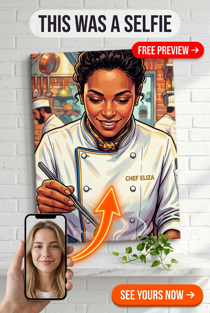 Custom Chef Woman Portrait — Whimsical Kitchen Canvas Art