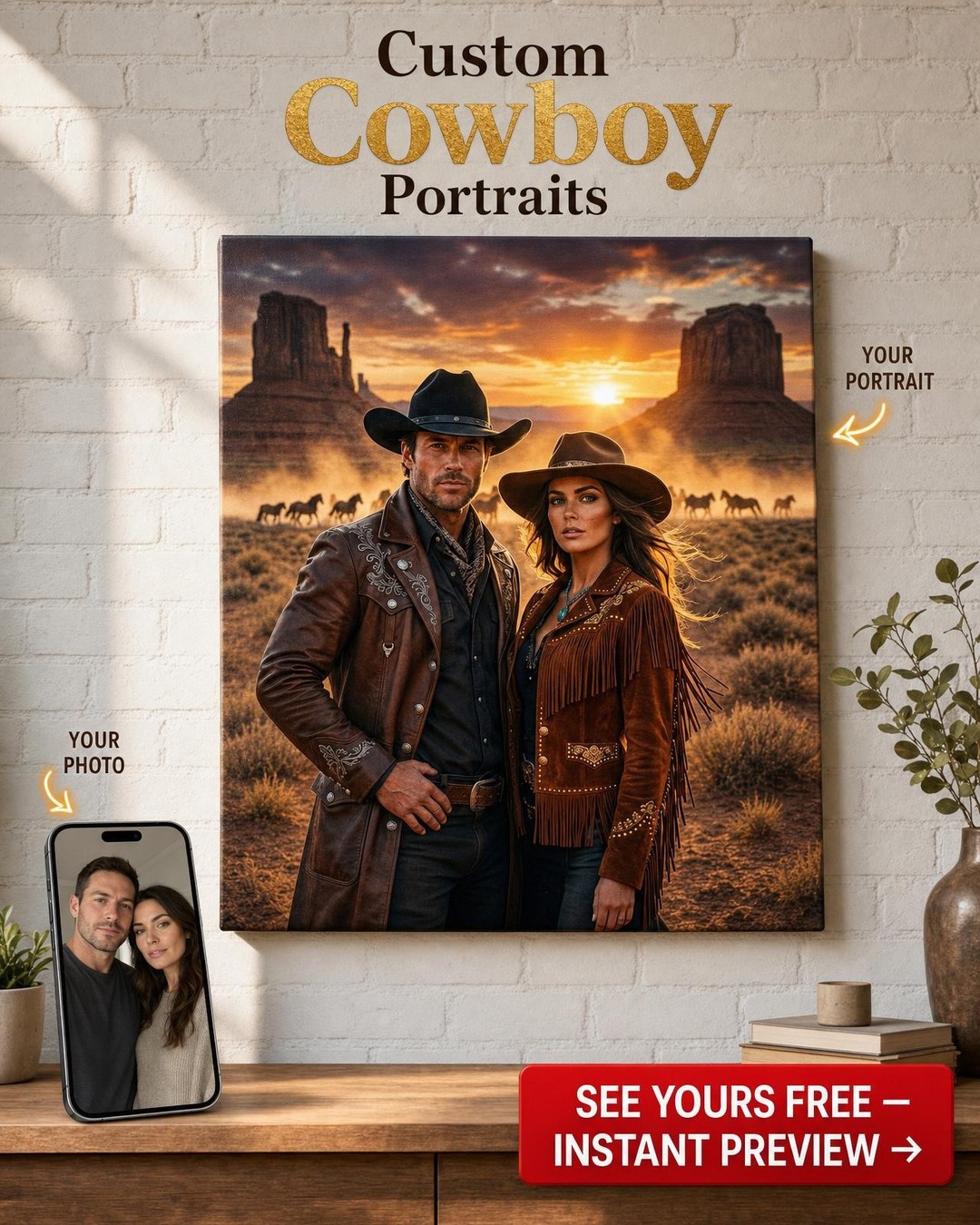 Custom Cowboy Couple Portrait — Heroic Western Canvas