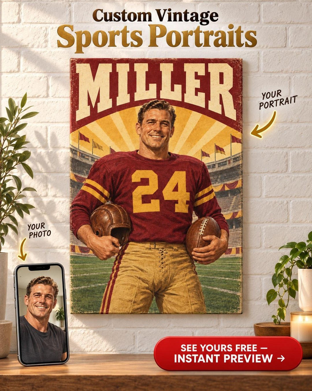 Vintage 1950s College Football Custom Portrait from Photo | Personalized Game Day Portrait Gift