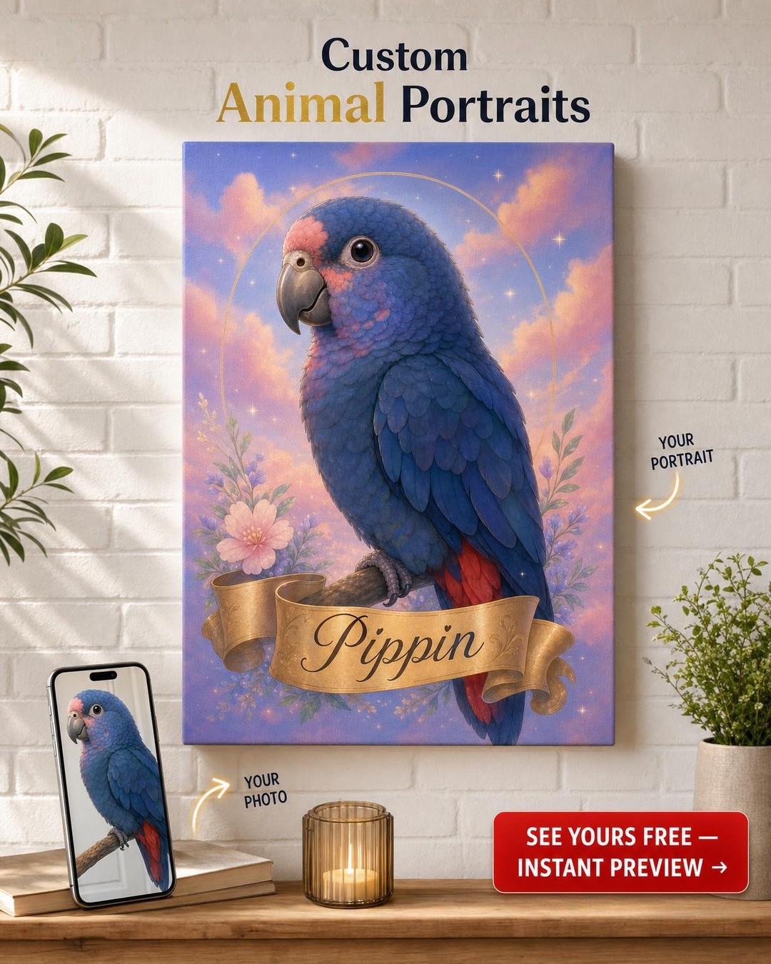 Custom Disney Cat Portrait — Whimsical Pet Canvas from Photo