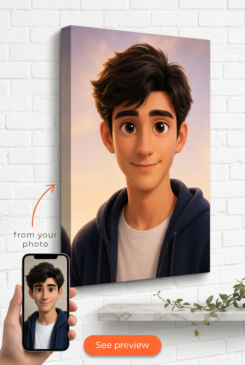 Custom Pixar Man Portrait — Whimsical Canvas from Photo
