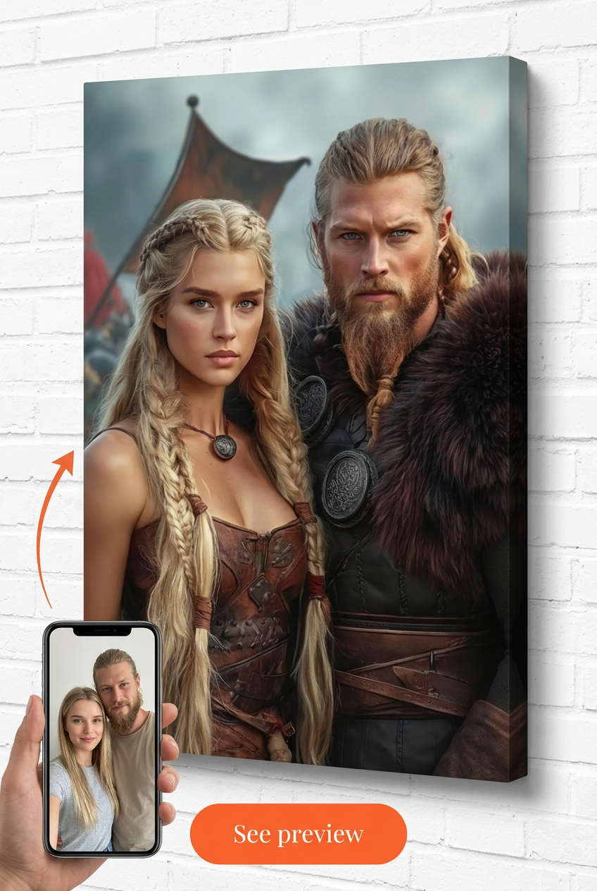 Viking Lovers Portrait | Custom Norse Warrior Couple Artwork from Your Photos