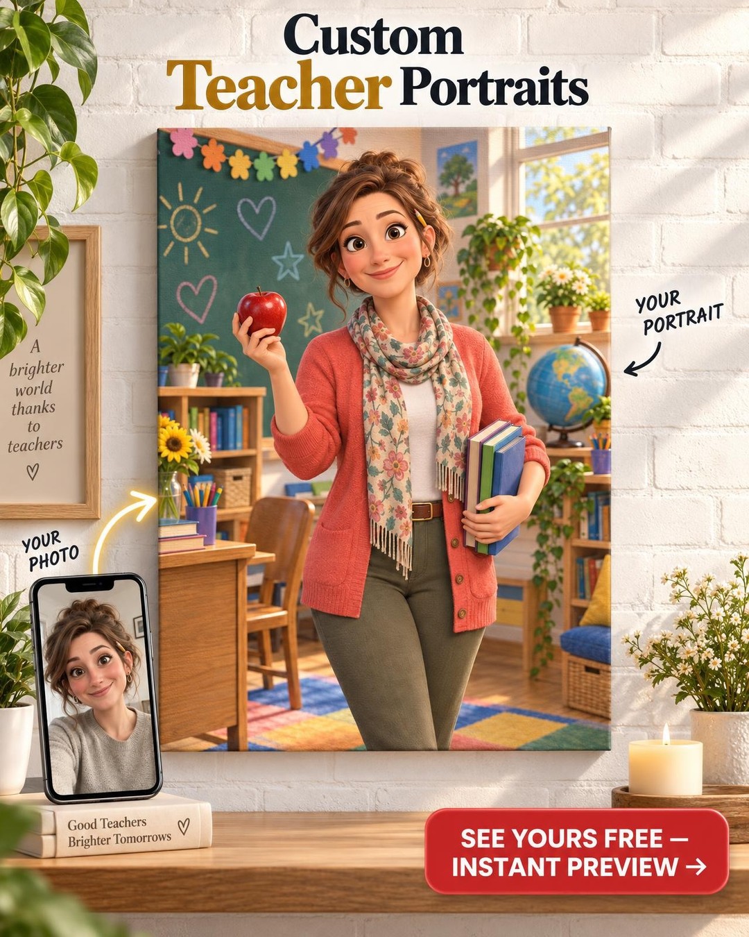 Animated Movie Teacher Custom Portrait from Photo | Personalized Teacher Gift