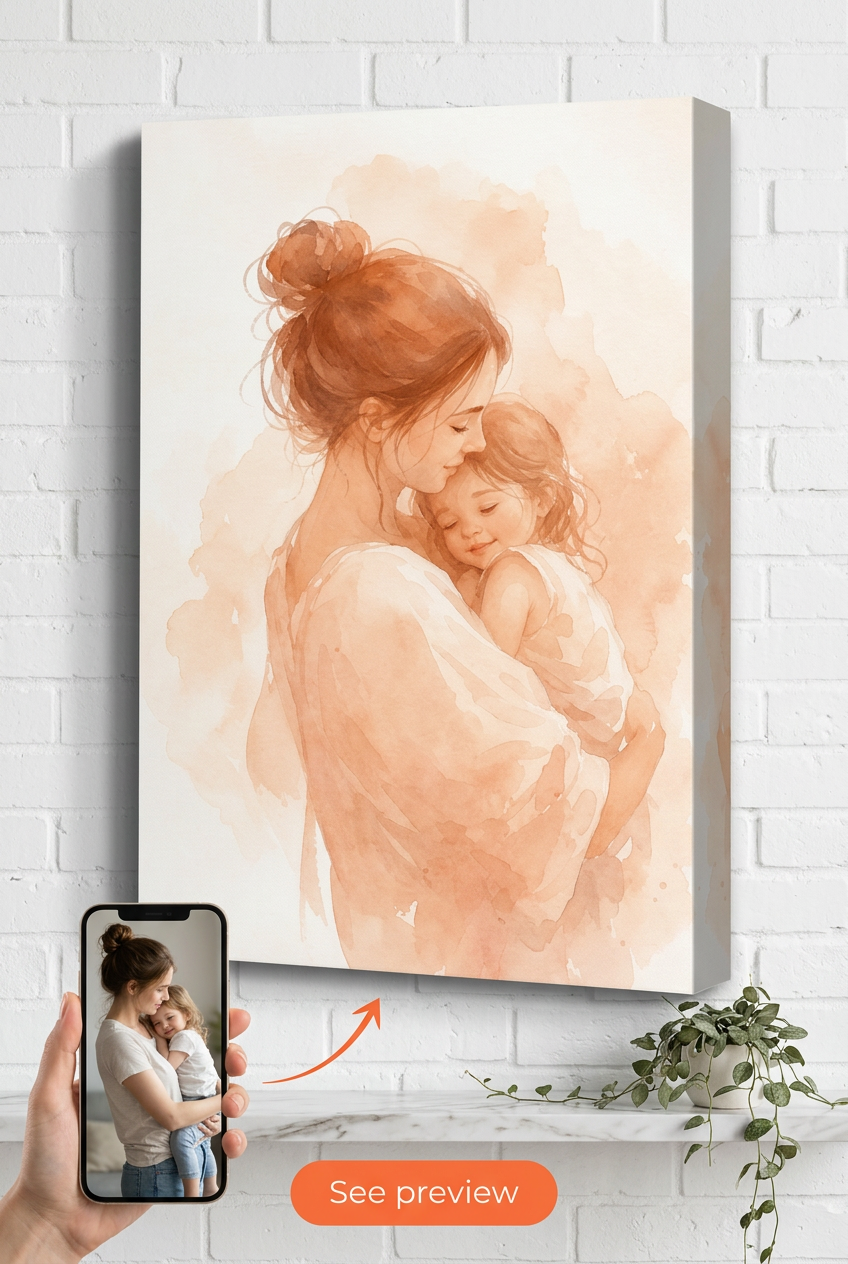 Watercolor Minimal Mom & Child Portrait — Soft Motherhood Embrace Canvas from P…