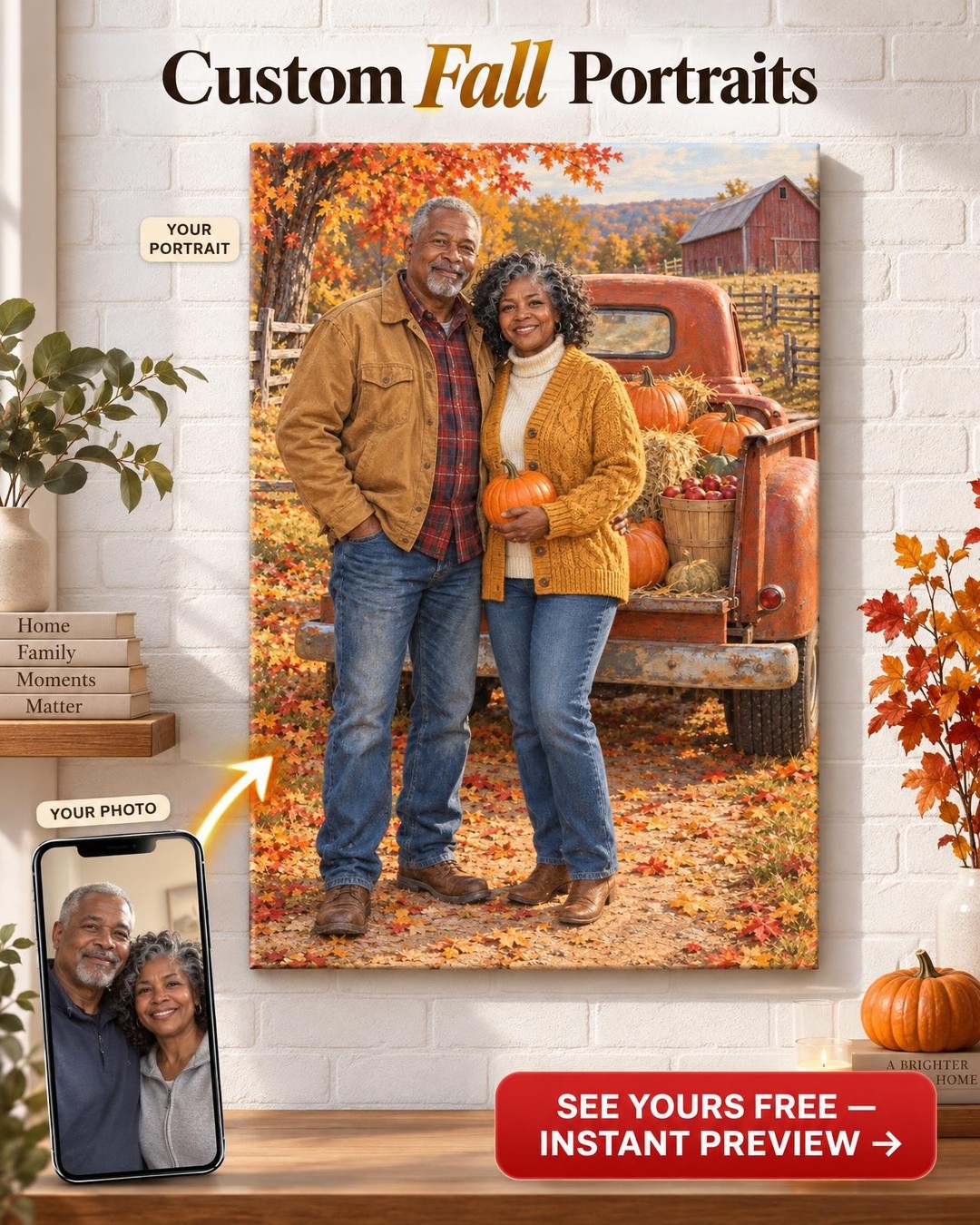 Fall Harvest Pickup Truck Custom Portrait from Photo | Personalized Pickup Truck Gift