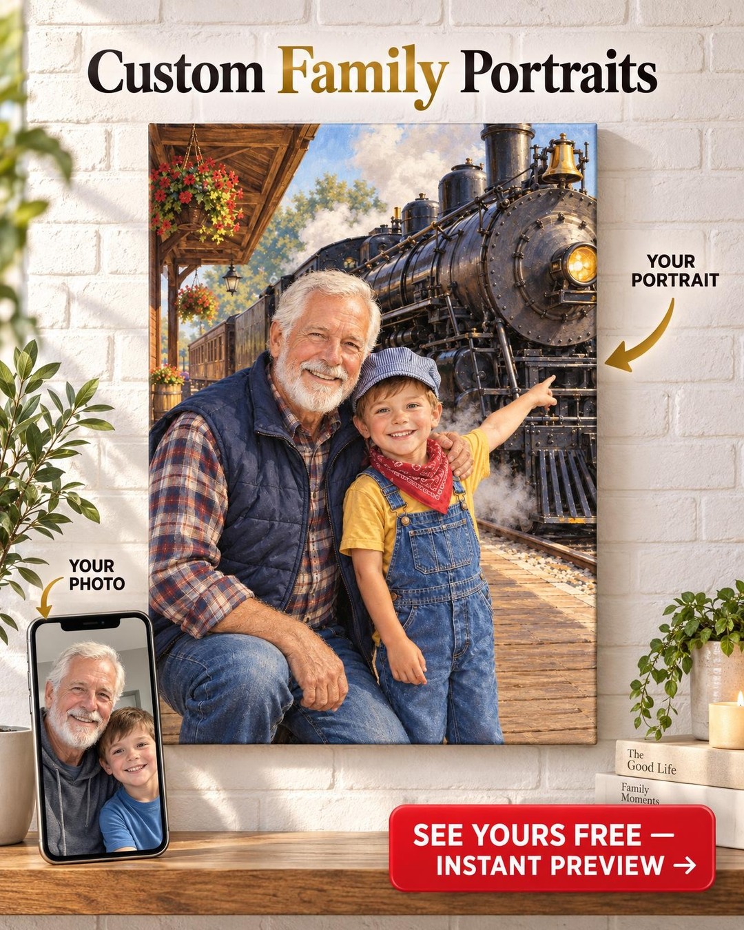 Grandpa and Me Train Custom Portrait from Photo | Personalized Railroad Portrait Gift