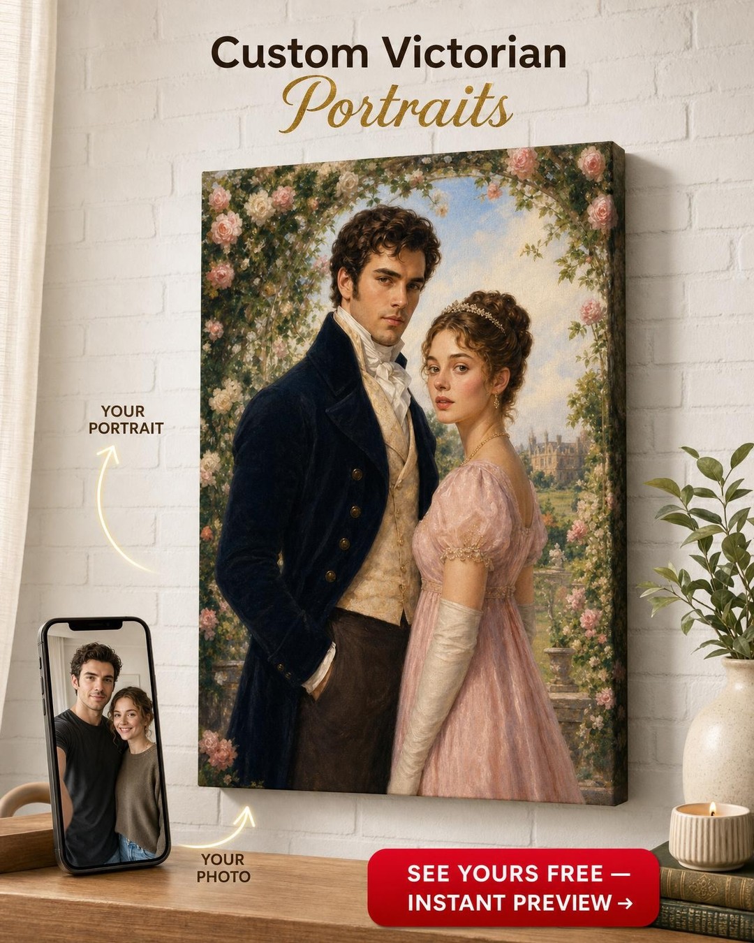 Custom Bridgerton Couple Portrait — Romantic Garden Canvas
